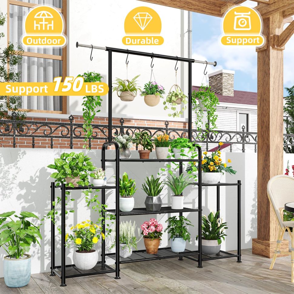 Heavy Duty 3-Tier Metal Plant Stand for Indoor/Outdoor Use, Black