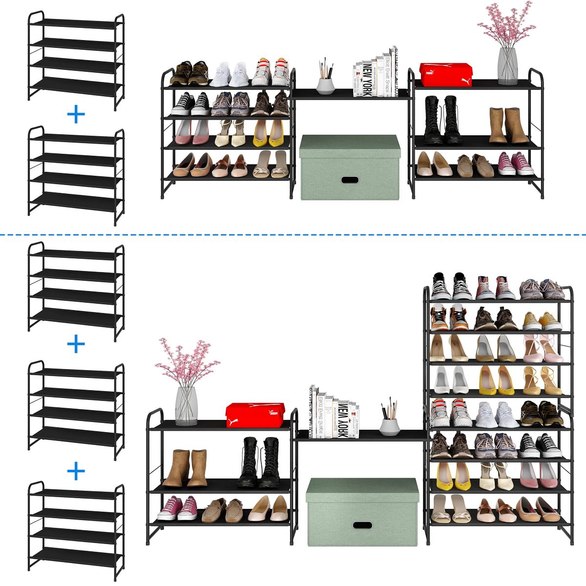 4-Tier Stackable Shoe Rack, Adjustable Fabric Shelf Organizer for 12-16 Pairs