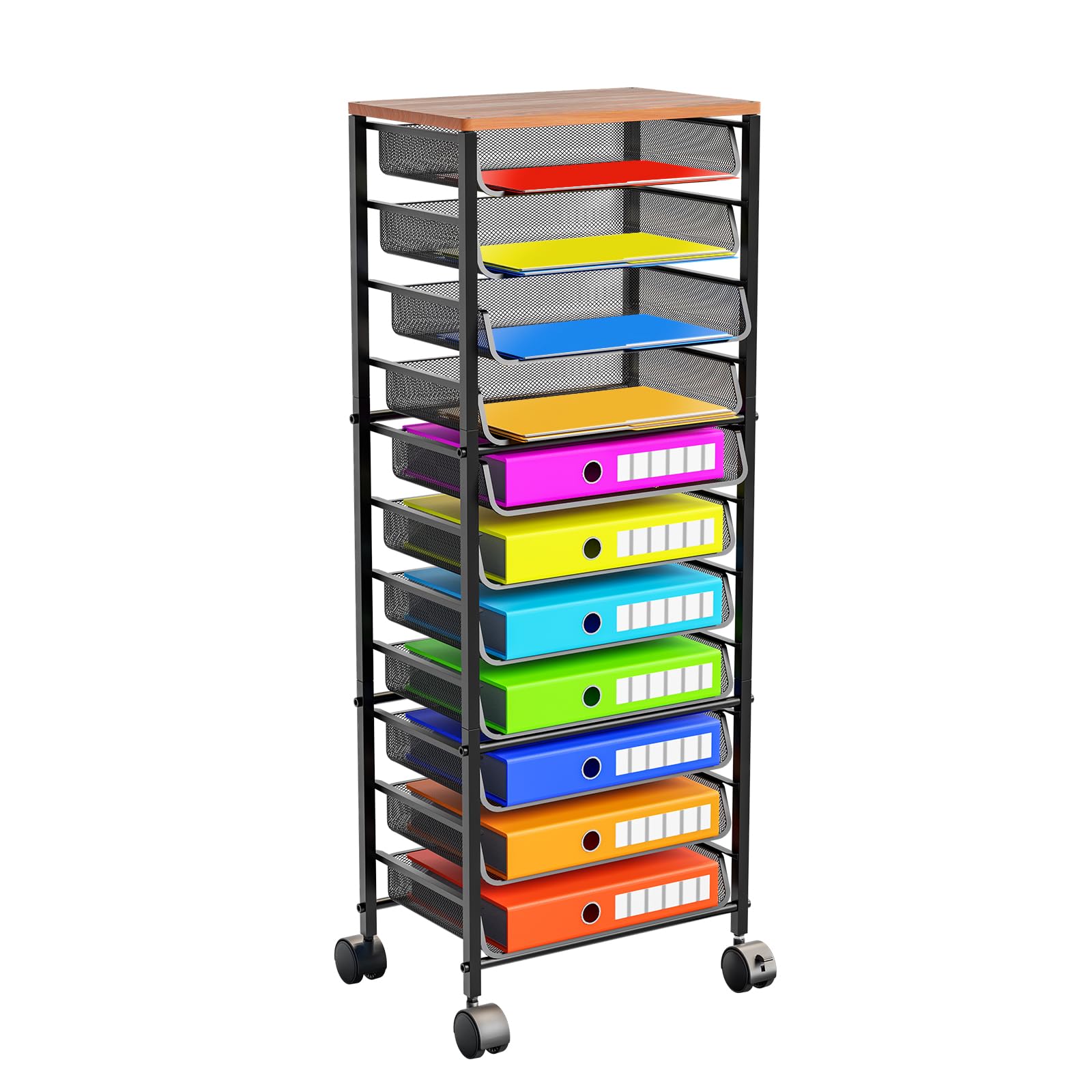 12-Tier Rolling File Cart - Multi-Functional Organizer with Wood Top