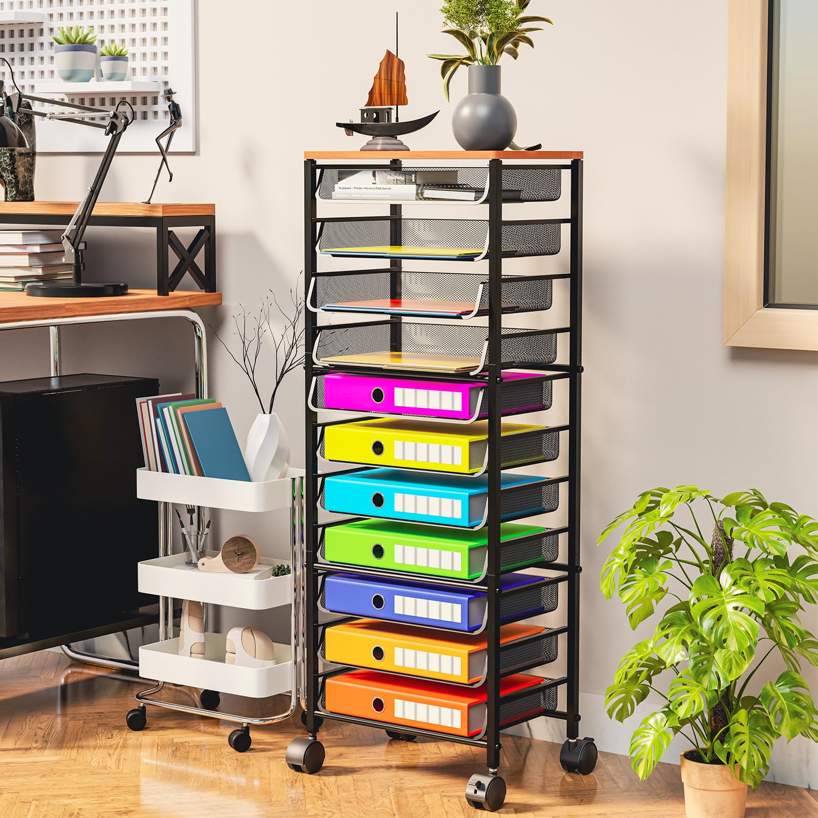 12-Tier Rolling File Cart - Multi-Functional Organizer with Wood Top