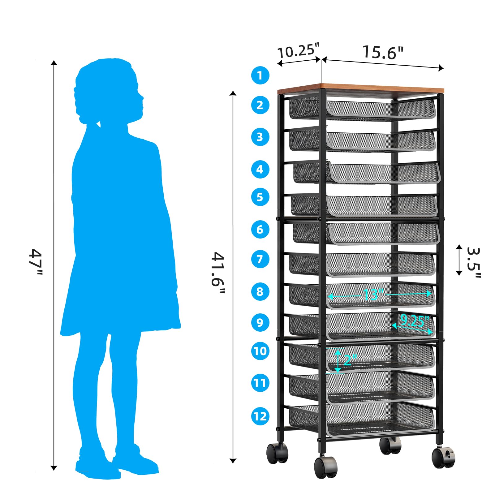 12-Tier Rolling File Cart - Multi-Functional Organizer with Wood Top