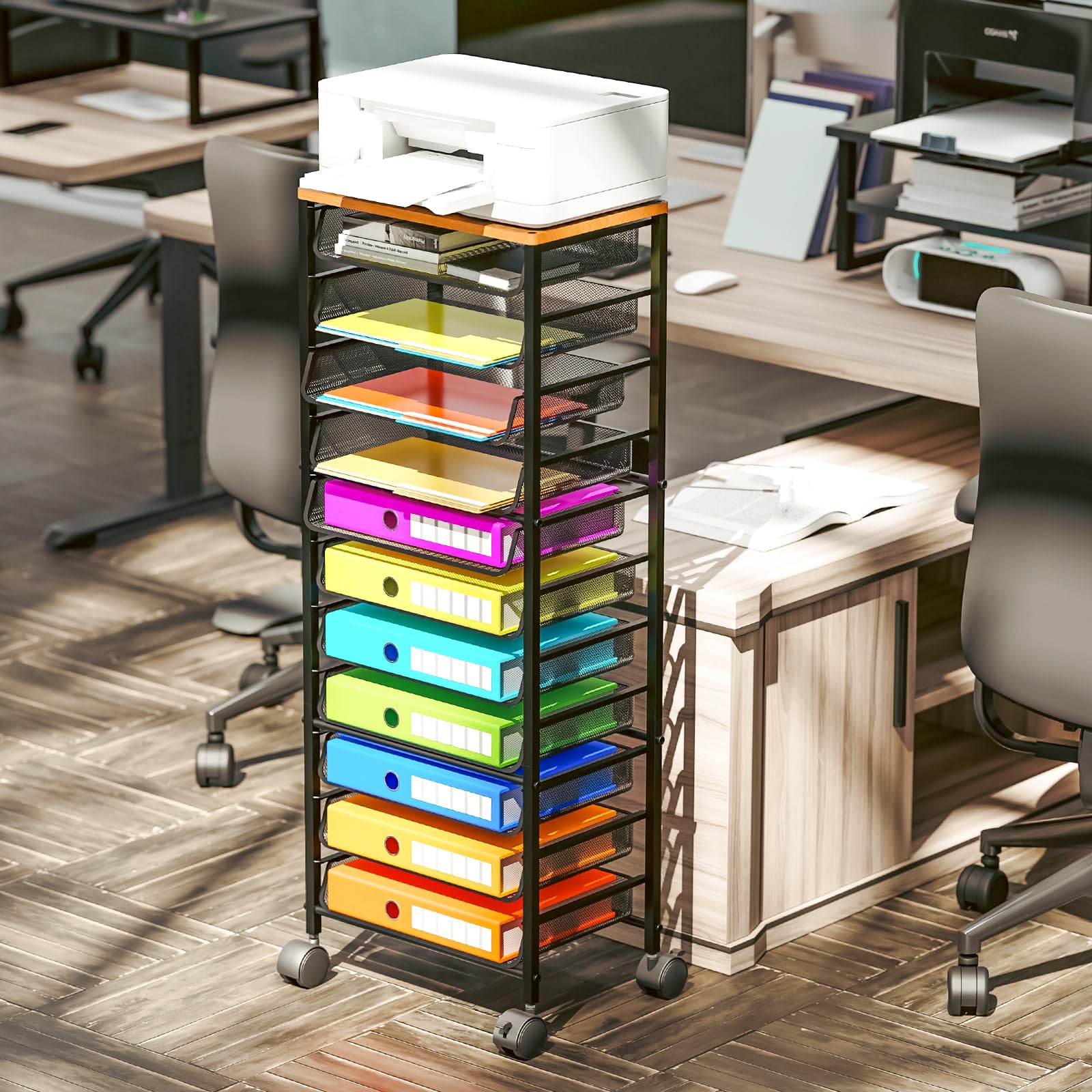 12-Tier Rolling File Cart - Multi-Functional Organizer with Wood Top