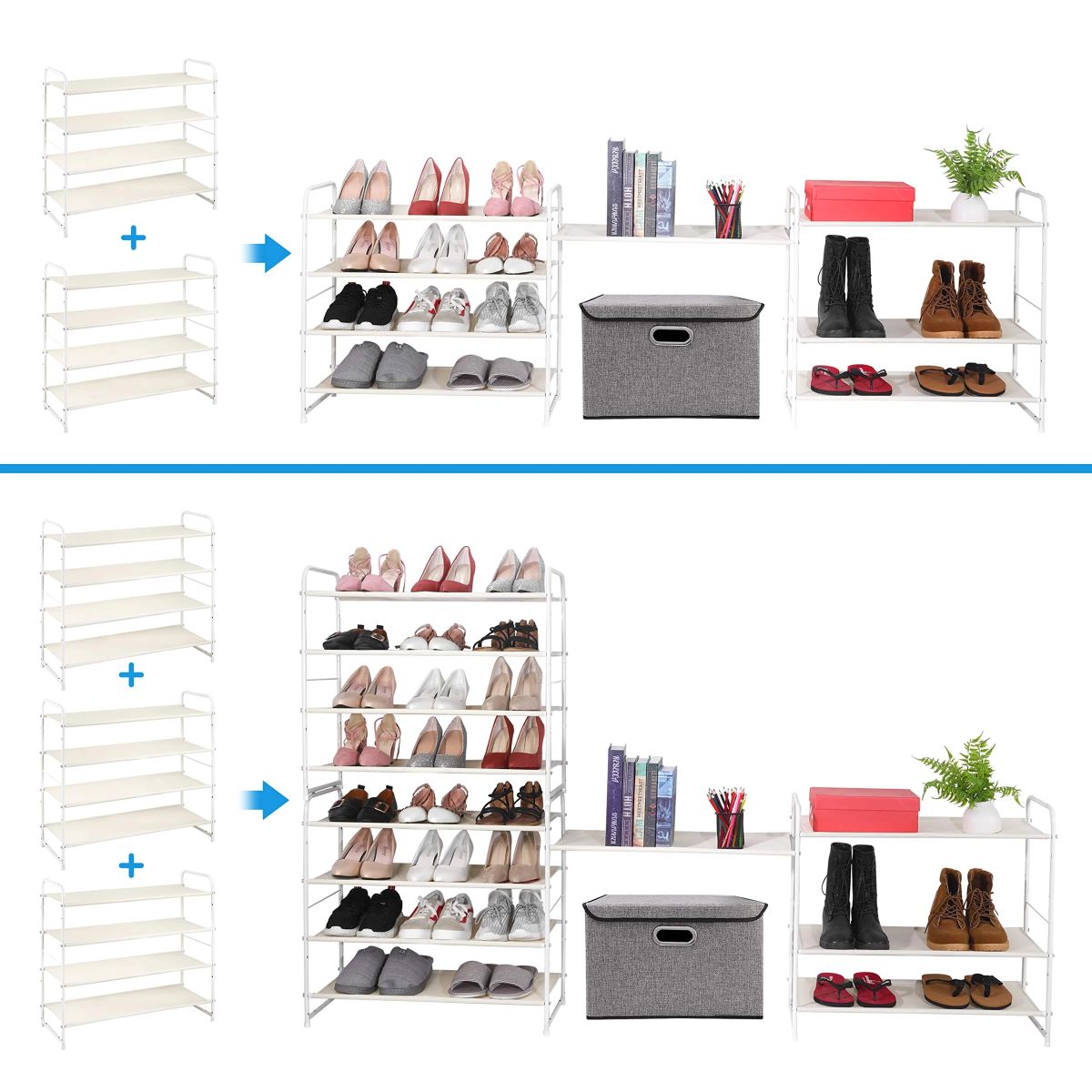 4-Tier Stackable Shoe Rack, Adjustable Fabric Shelf Organizer for 12-16 Pairs