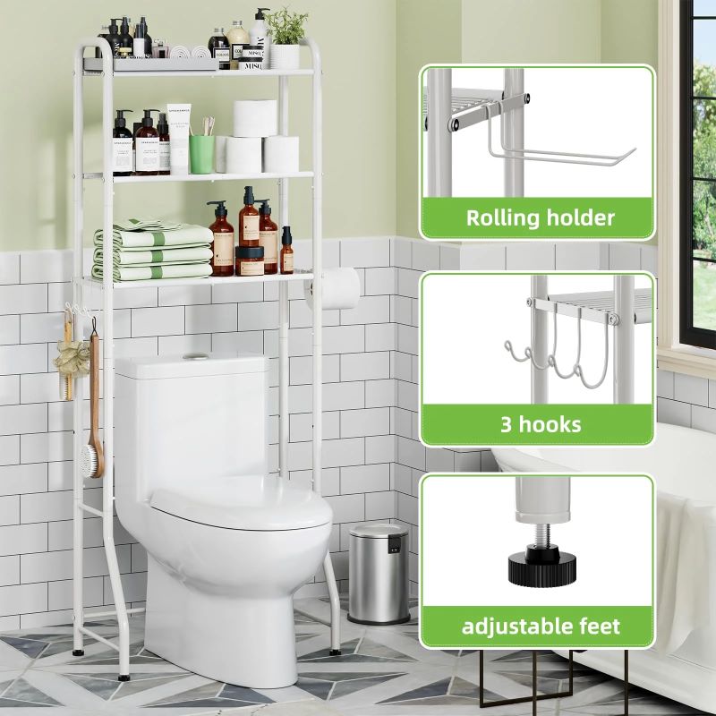 3-Tier Over The Toilet Storage Rack with Hooks and Paper Holder for Bathroom