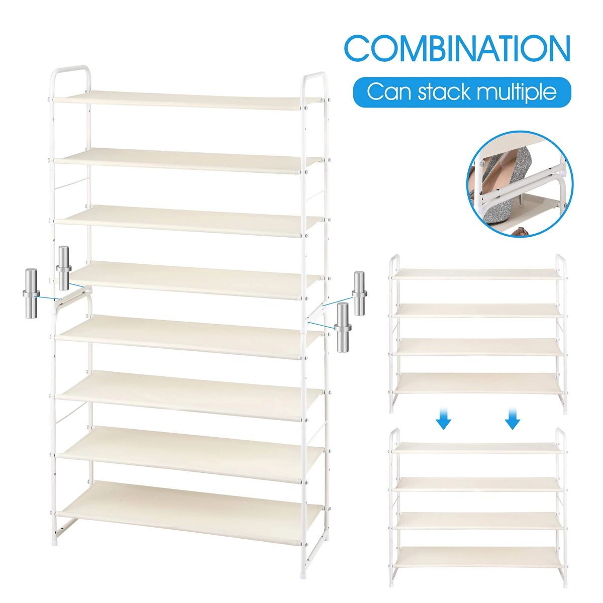 4-Tier Stackable Shoe Rack, Adjustable Fabric Shelf Organizer for 12-16 Pairs