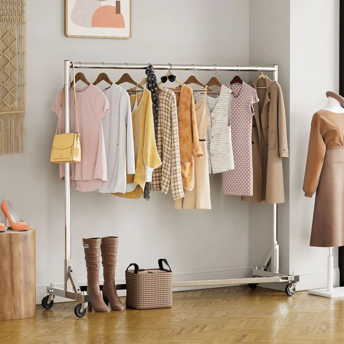 Industrial Grade Z-Base 70in extra long Clothes Garment Rack, Commercial Grade Rolling Clothing Rack, Heavy Duty 600lb Load with Wheels, Chrome.