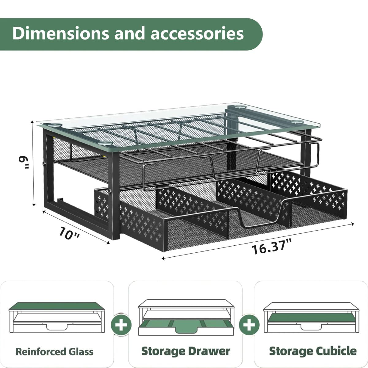 2-Tier Glass Metal Monitor Stand Riser - Ergonomic Desk Organizer with Drawer