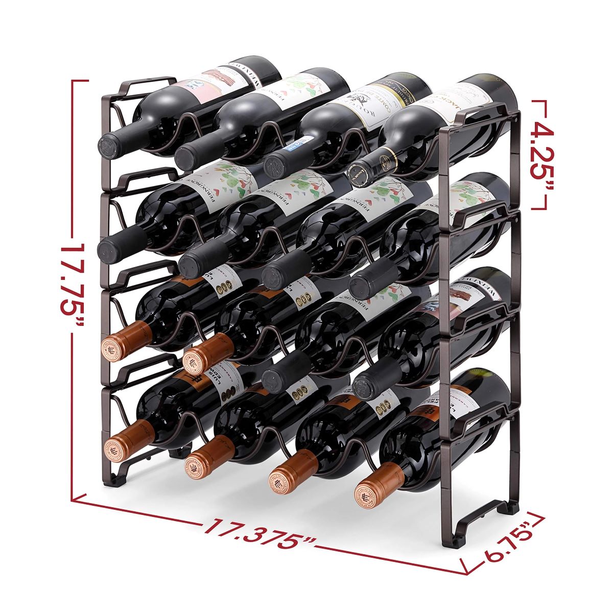 4-Tier Stackable Wine Rack, Holds 16 Bottles, Elegant Bronze Storage Organizer