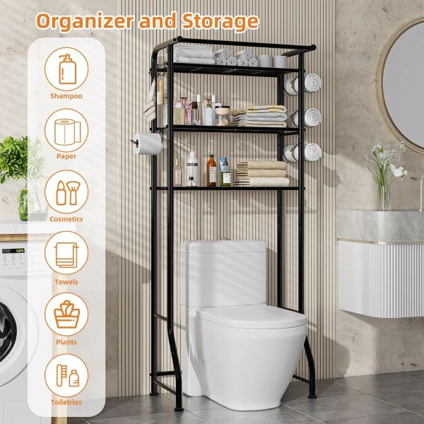 3-Tier Over The Toilet Storage Rack with Hooks and Paper Holder for Bathroom