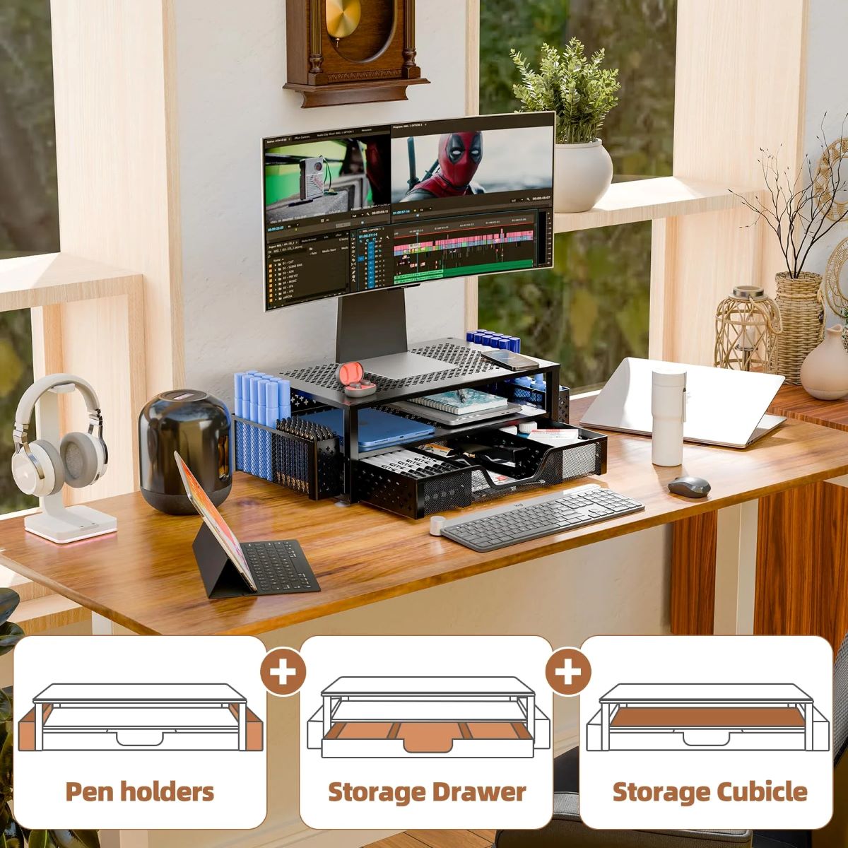 2 Tier Metal Monitor Stand with Drawer and Pen Holder for Desk Organization