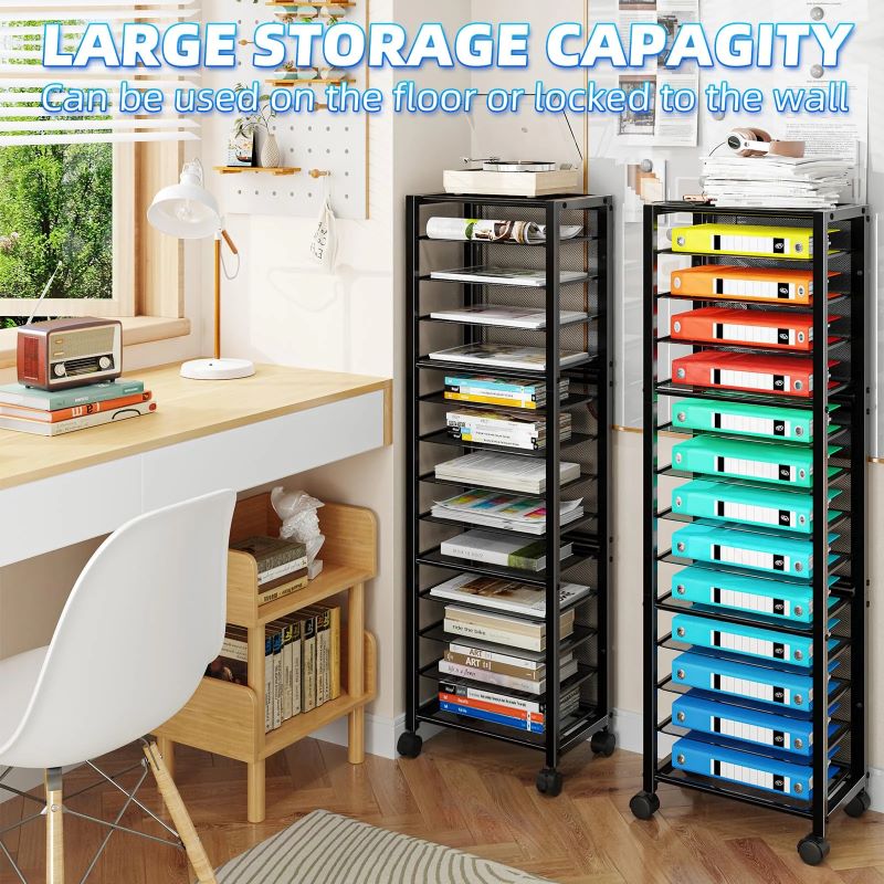 14-Tier Rolling File Cart - Versatile Desk Organizer with Sliding Trays