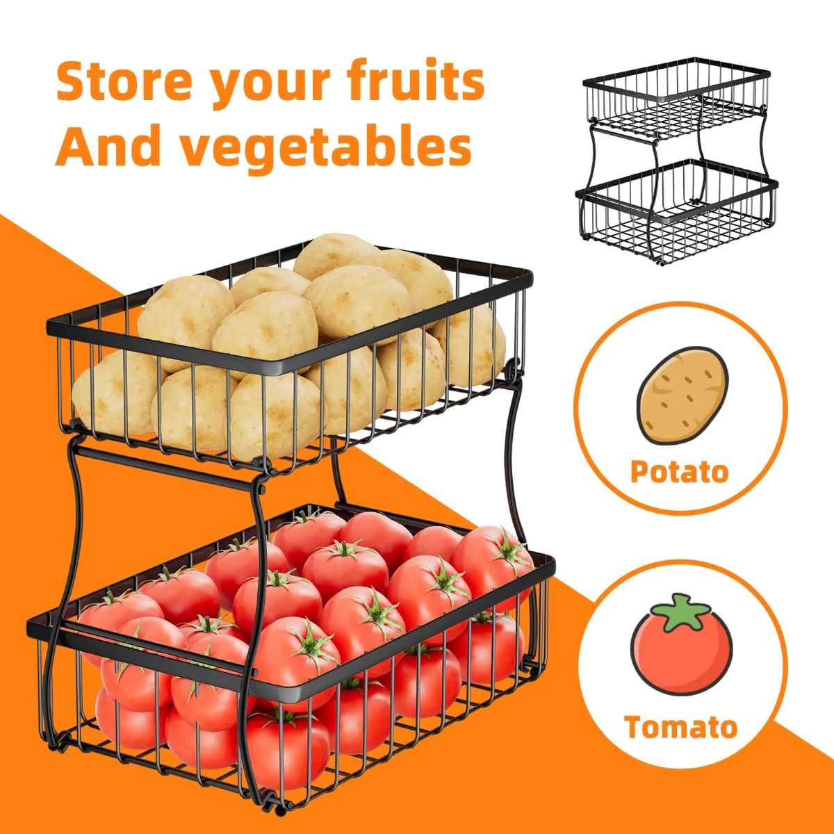 2 Tier Metal Fruit Bowl with 3 Hooks, Kitchen Organizer for Produce & Snacks