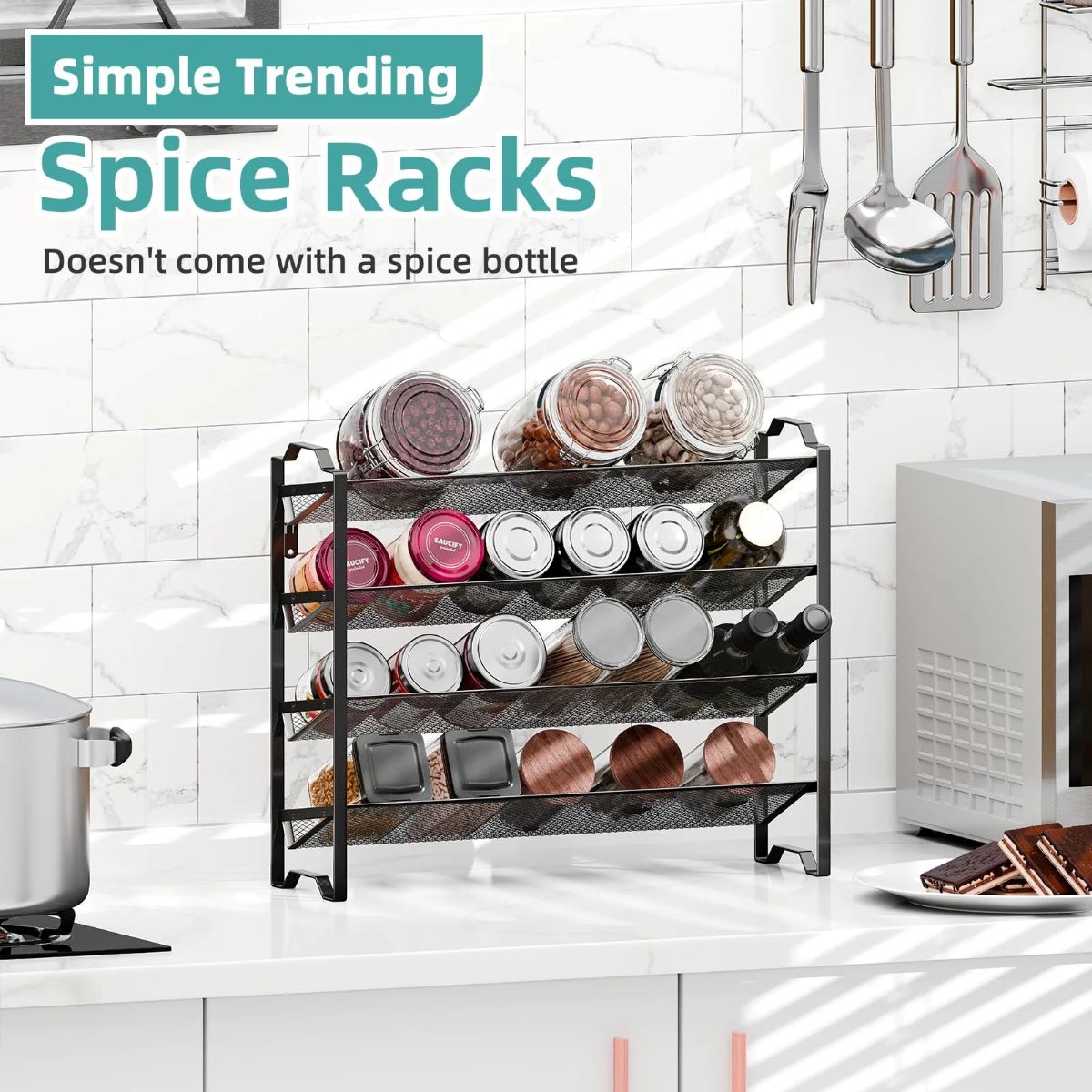 2-Pack 4 Tier Spice Rack Organizer - Stackable Kitchen Shelf for Jars