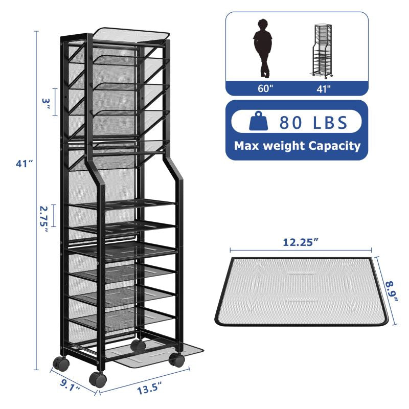 12-Tier Rolling File Cart - Multi-Functional Organizer with Sliding Trays