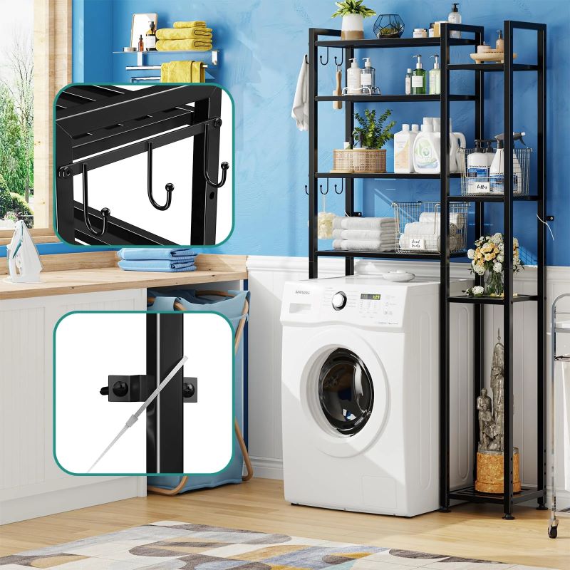 4-Tier Over-The-Toilet Storage Rack with Side Shelf & Hooks