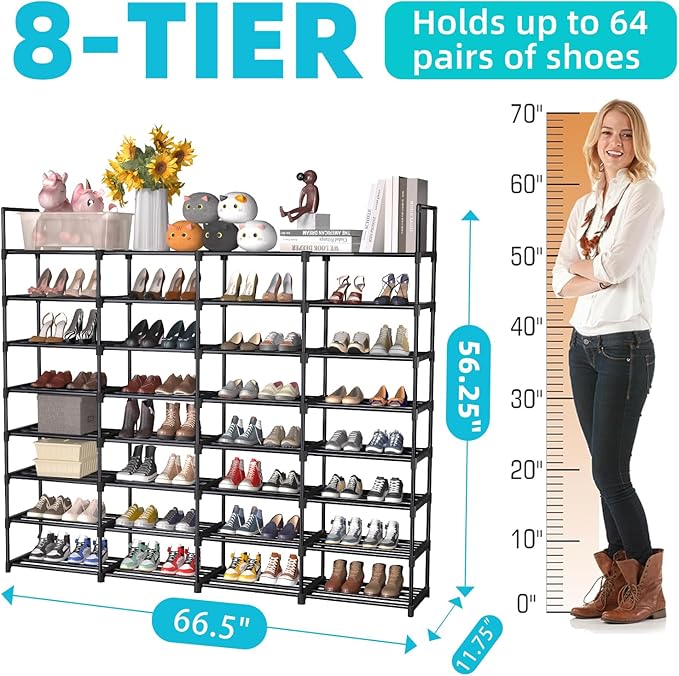 8-Tier Shoe Rack holds 64 pairs, customizable with metal pipes.