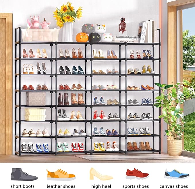 8-Tier Shoe Rack holds 64 pairs, customizable with metal pipes.