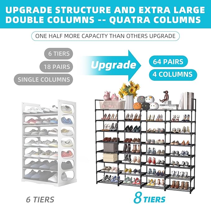 8-Tier Shoe Rack holds 64 pairs, customizable with metal pipes.