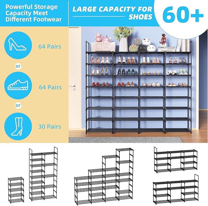 8-Tier Shoe Rack holds 64 pairs, customizable with metal pipes.