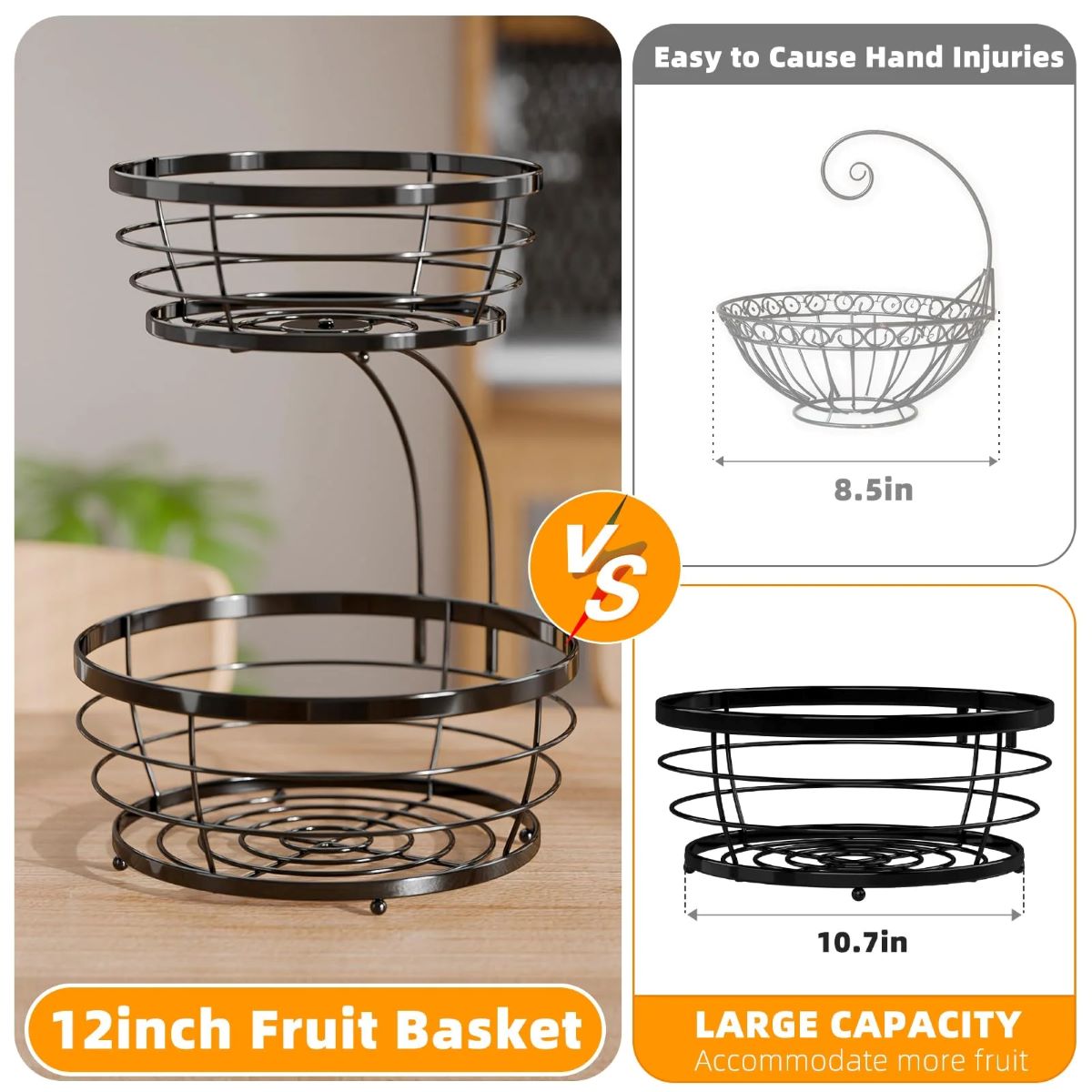 2 Tier Metal Wire Fruit Basket with Banana Hooks, Kitchen Organizer in Black