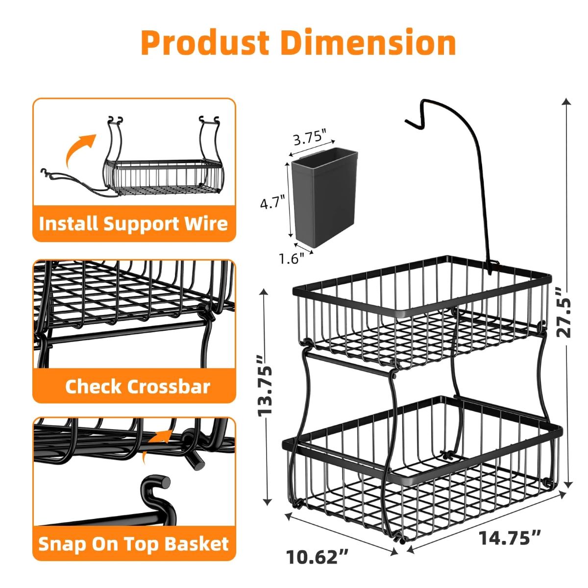 2 Tier Metal Fruit Bowl with 3 Hooks, Kitchen Organizer for Produce & Snacks