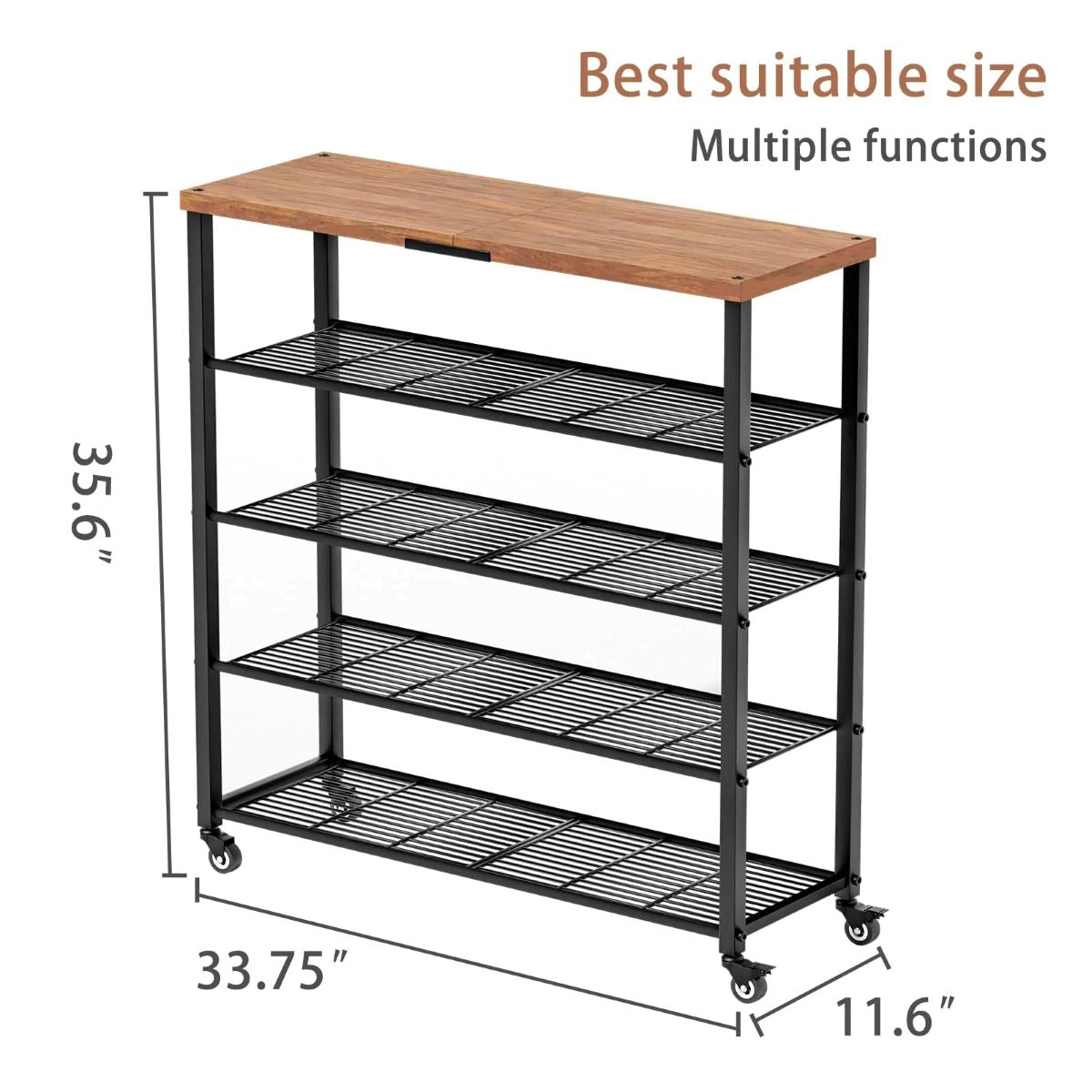 5-Tier Extra Large Rolling Shoe Rack with Rustic Wood Top and Heavy Duty Casters