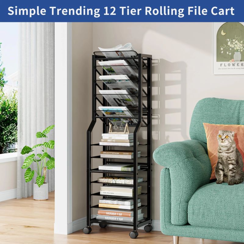 12-Tier Rolling File Cart - Multi-Functional Organizer with Sliding Trays