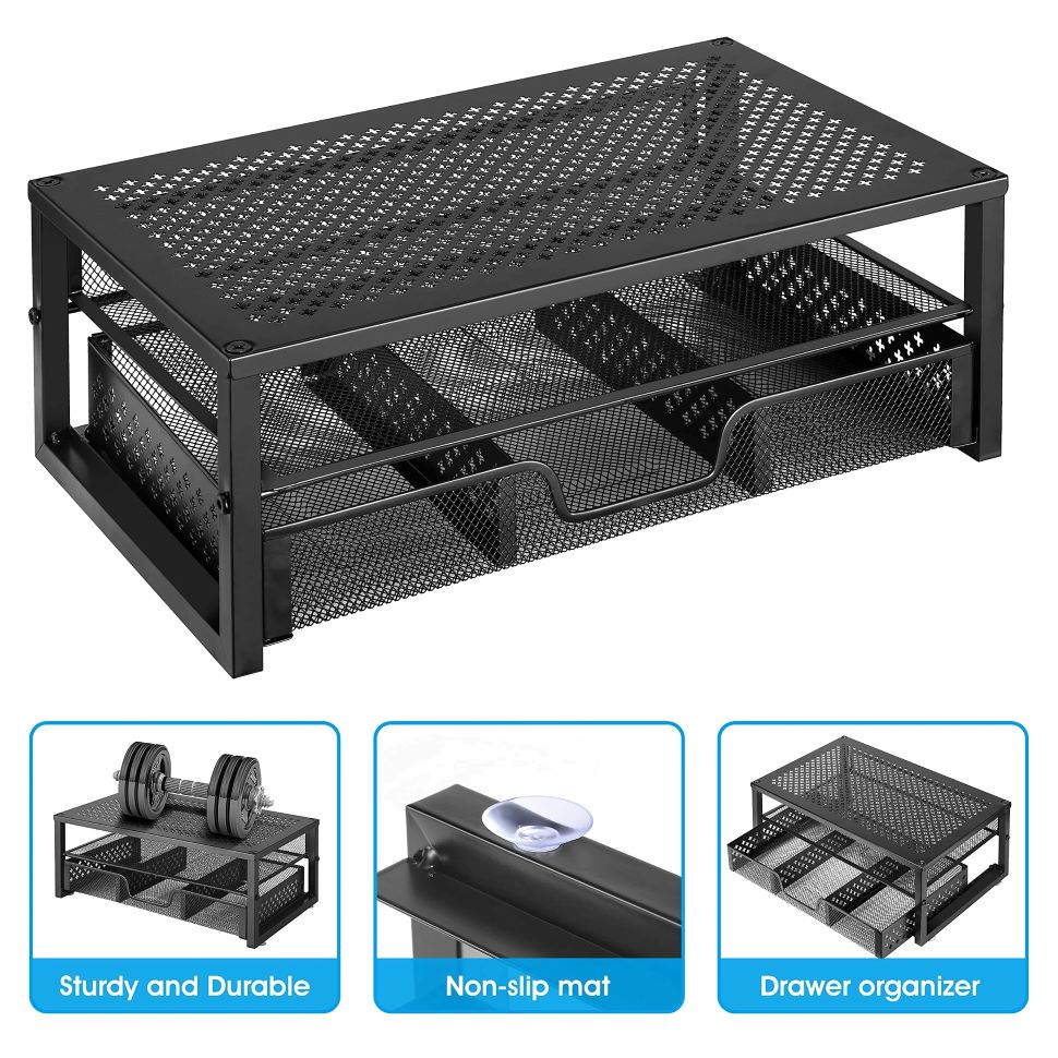 2 Pack 2-Tier Metal Monitor Riser with Drawer, Space-Saving Desk Organizer