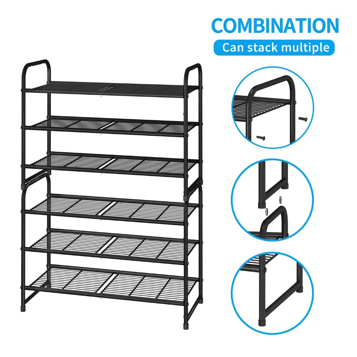 3-Tier Stackable Shoe Rack, Expandable Wire Grid Organizer, Adjustable Black Shelves