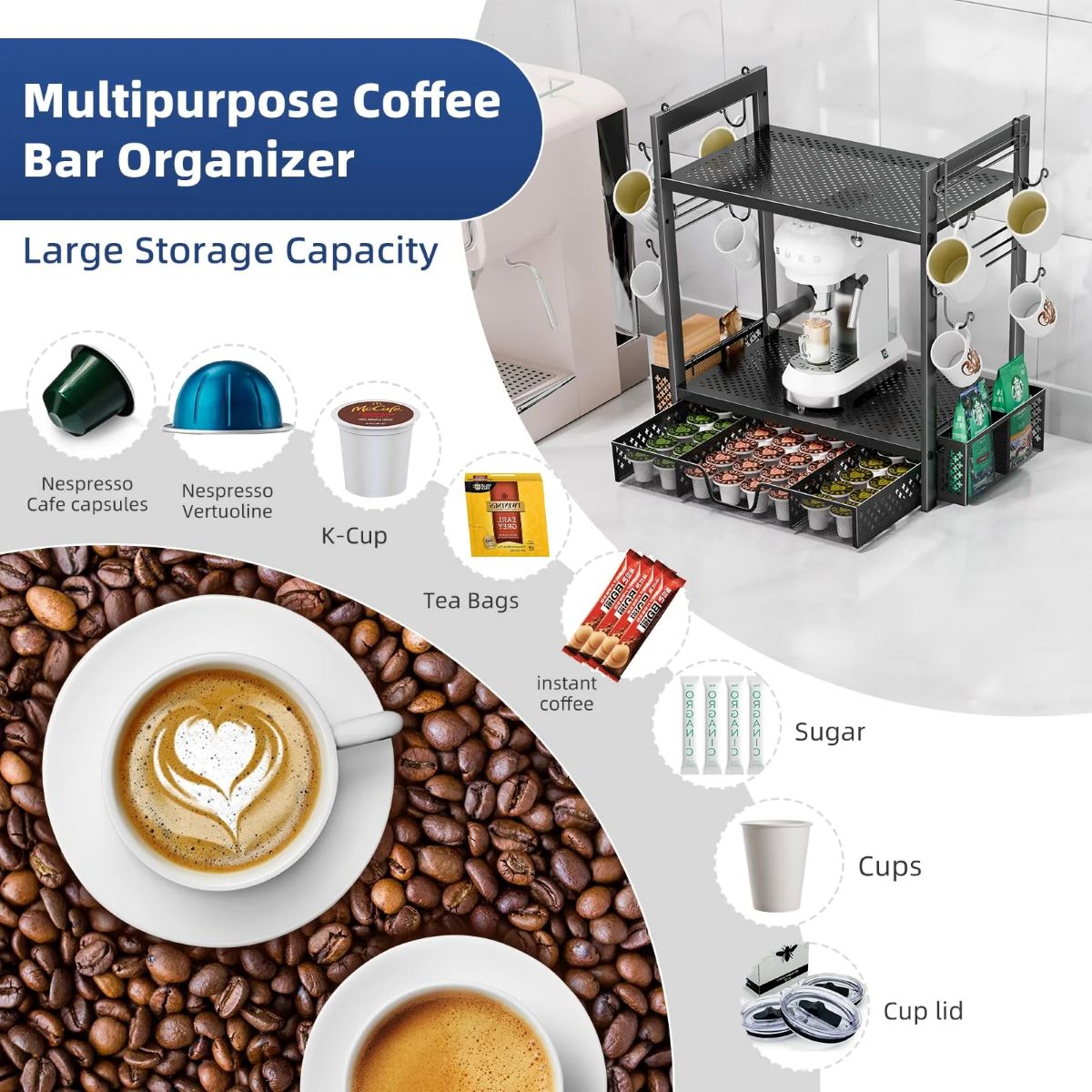 2 Tier Coffee Pod Holder for K-Cups with Mug Rack & Sliding Drawer Organizer