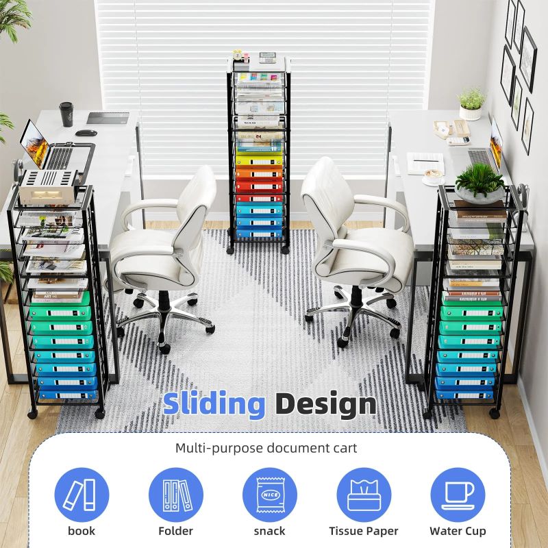 14-Tier Rolling File Cart - Versatile Desk Organizer with Sliding Trays