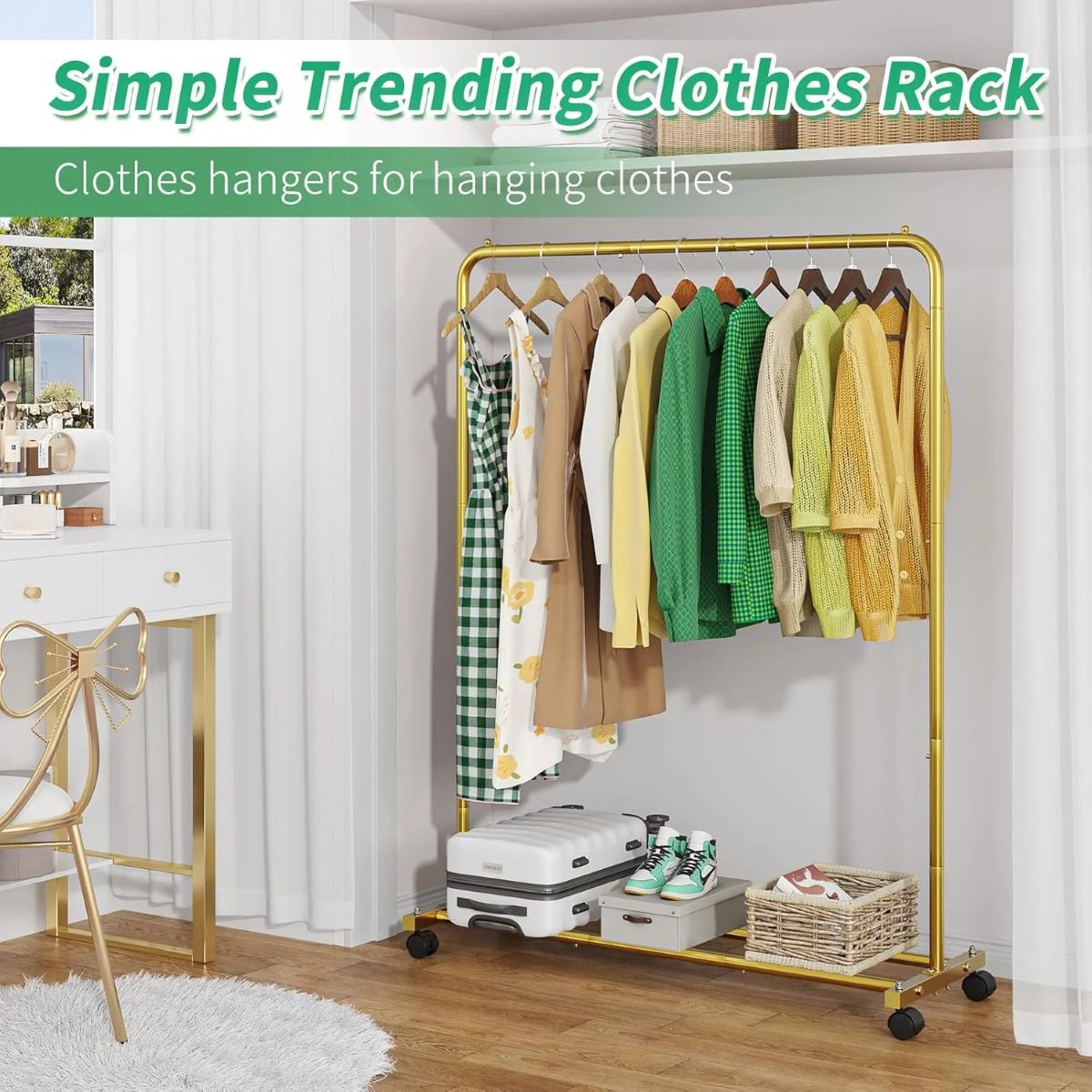 Sturdy Rolling Garment Rack with Shelves for Clothing Organization, Golden Yellow