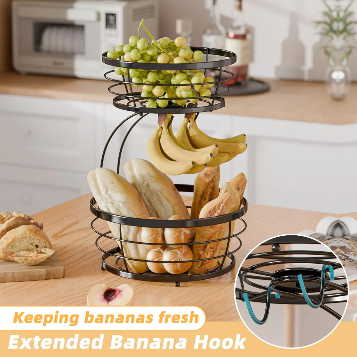 2 Tier Metal Wire Fruit Basket with Banana Hooks, Kitchen Organizer in Black