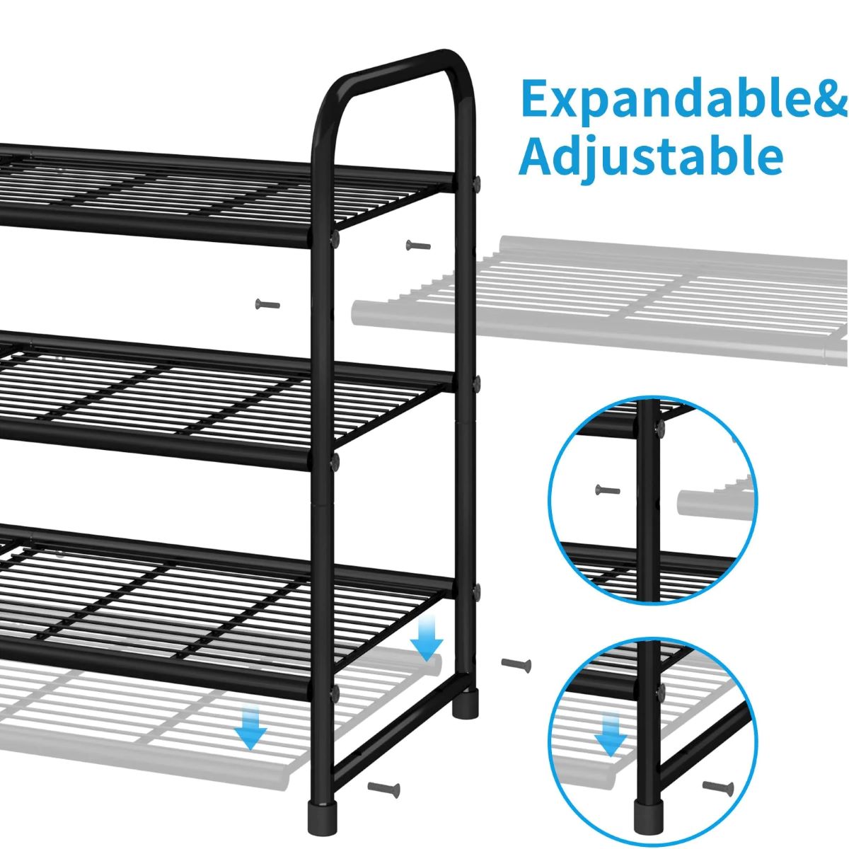 3-Tier Stackable Shoe Rack, Expandable Wire Grid Organizer, Adjustable Black Shelves