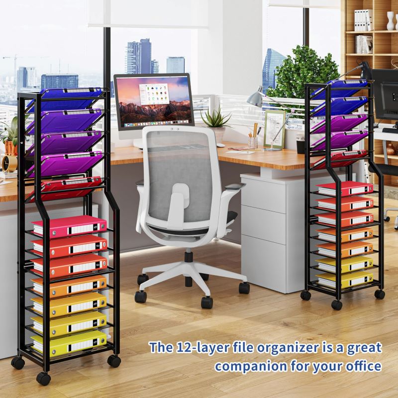 12-Tier Rolling File Cart - Multi-Functional Organizer with Sliding Trays