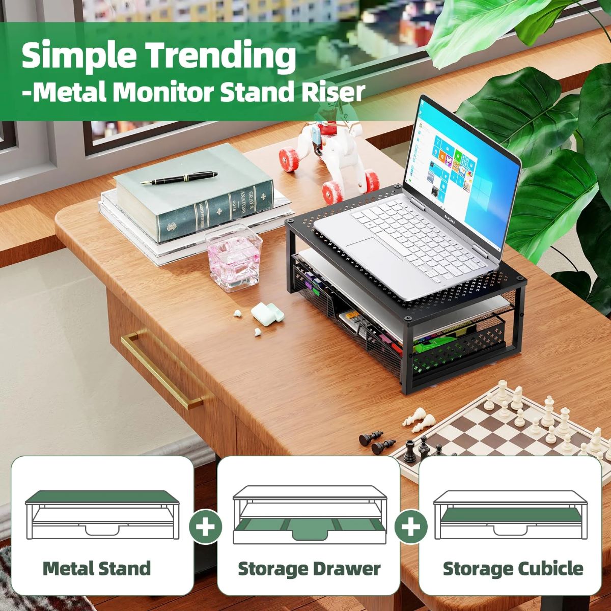 2 Pack 2-Tier Metal Monitor Riser with Drawer, Space-Saving Desk Organizer