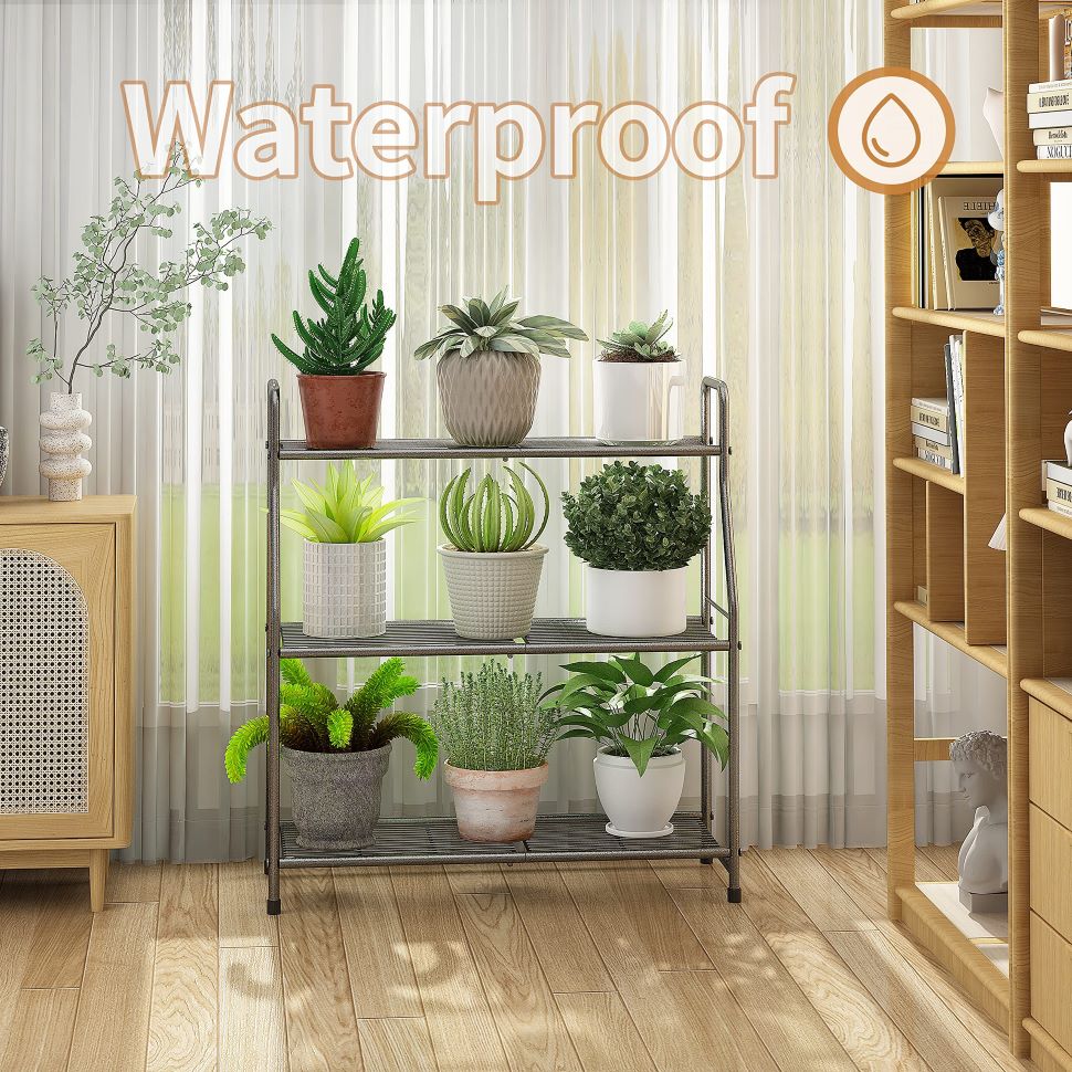 3-Tier Metal Plant Stand for Indoor/Outdoor Use, Waterproof and Durable