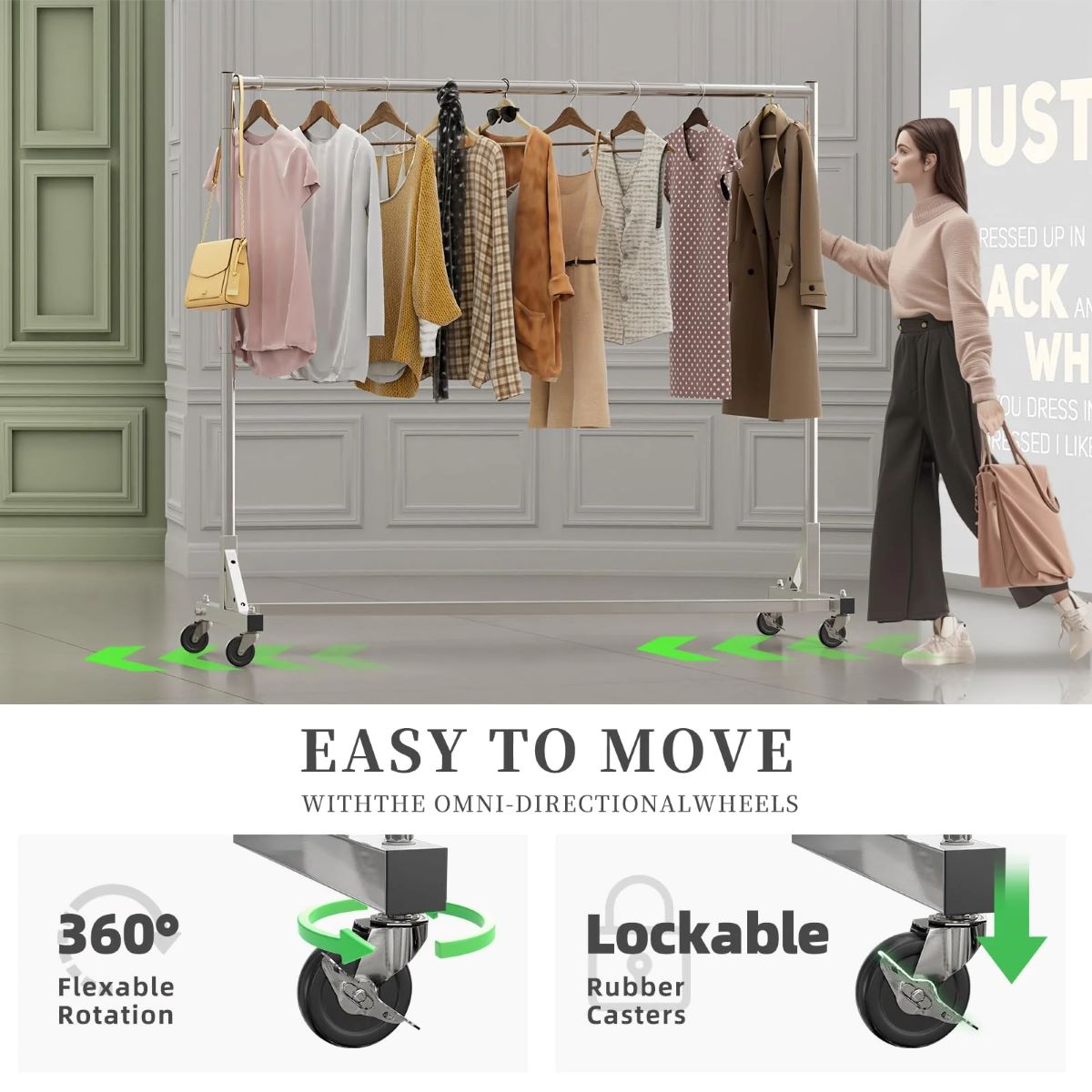 Industrial Grade Z-Base 70in extra long Clothes Garment Rack, Commercial Grade Rolling Clothing Rack, Heavy Duty 600lb Load with Wheels, Chrome.