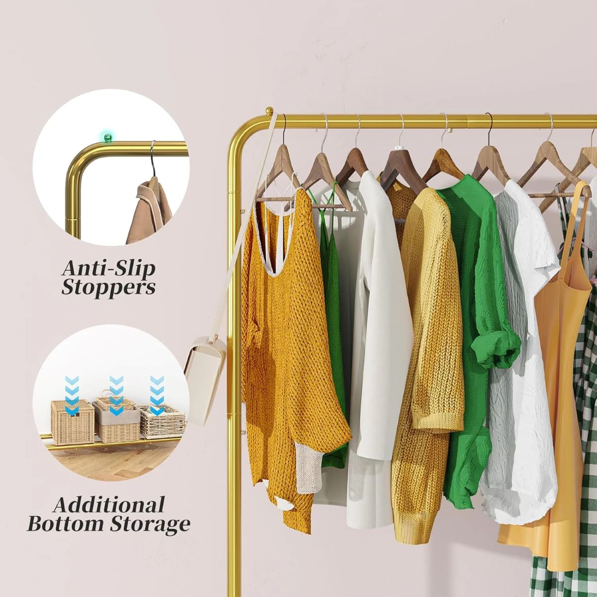 Sturdy Rolling Garment Rack with Shelves for Clothing Organization, Golden Yellow
