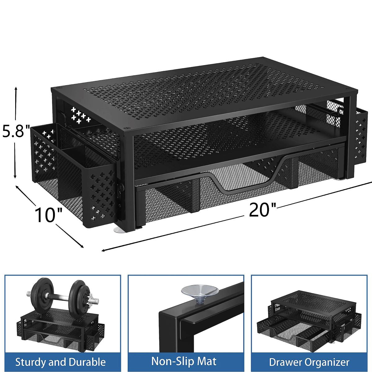 2 Tier Metal Monitor Stand with Drawer and Pen Holder for Desk Organization