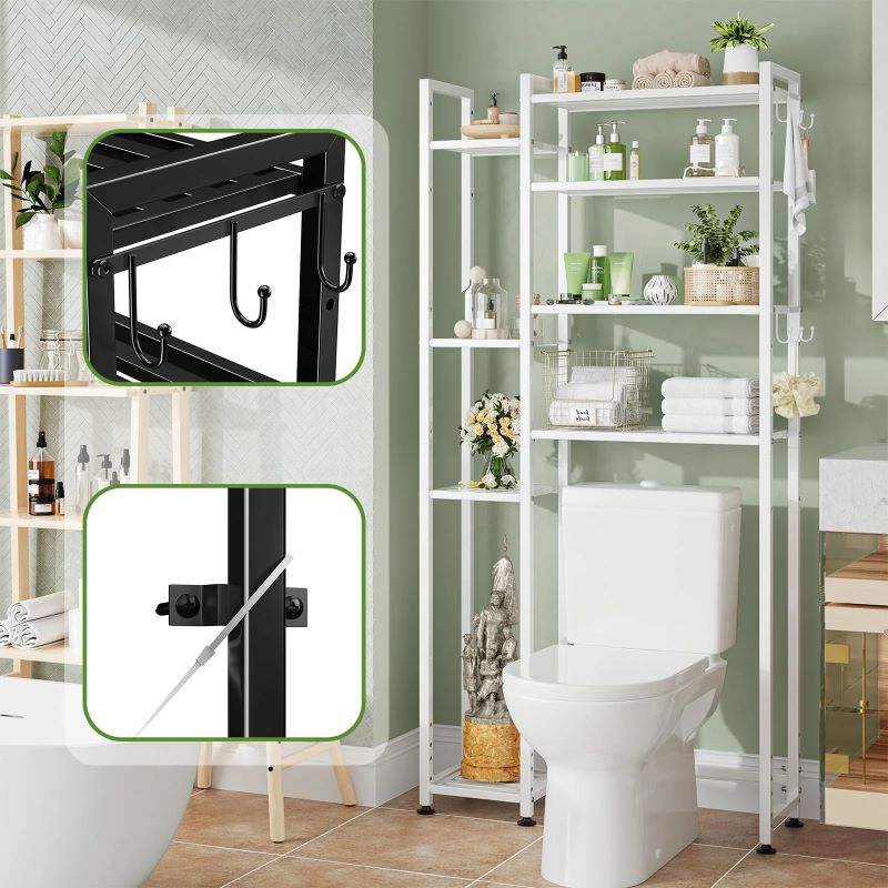 4-Tier Over-The-Toilet Storage Rack with Side Shelf & Hooks