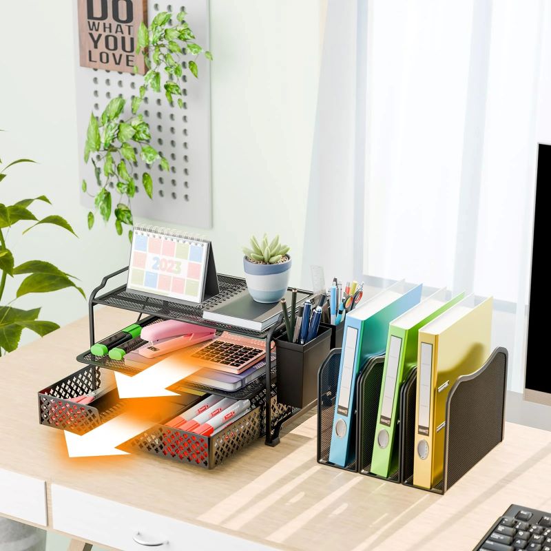 Black Desk File Organizer with Sliding Drawer & 5 Section Sorter