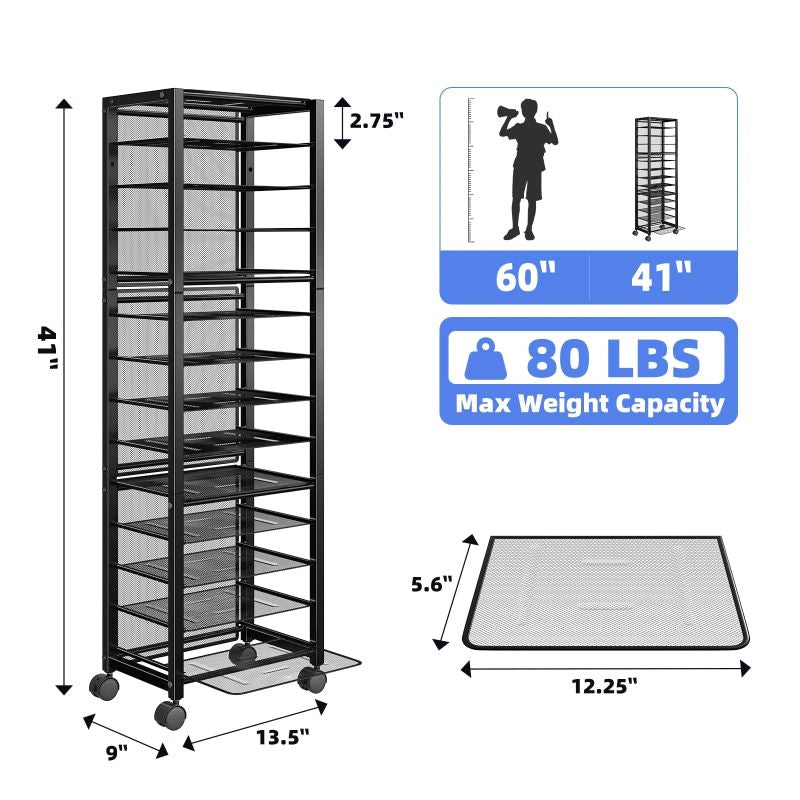 14-Tier Rolling File Cart - Versatile Desk Organizer with Sliding Trays