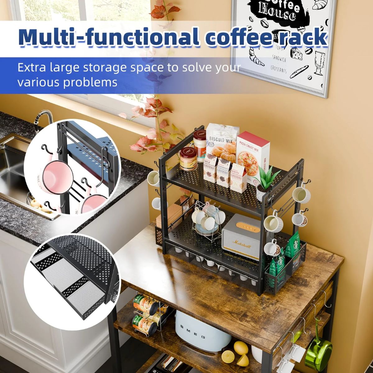 2 Tier Coffee Pod Holder for K-Cups with Mug Rack & Sliding Drawer Organizer