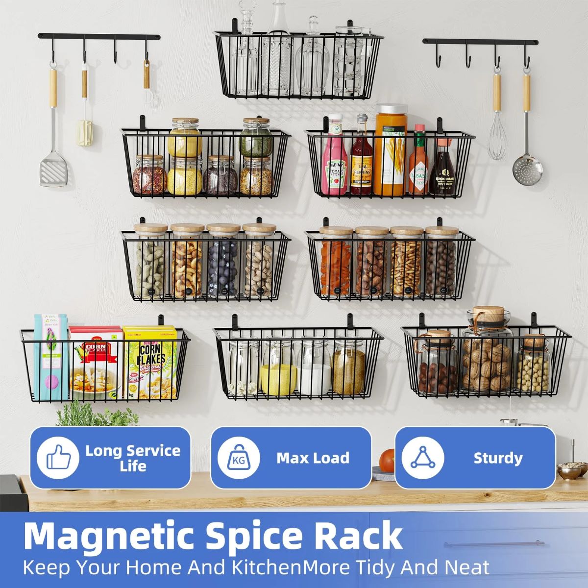 8-Pack Wall Mount Spice Rack Organizer for 192 Spice Jars with Hooks