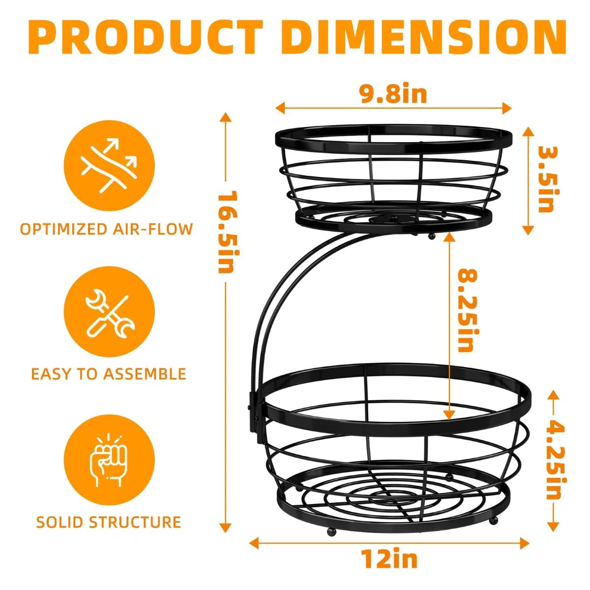 2 Tier Metal Wire Fruit Basket with Banana Hooks, Kitchen Organizer in Black