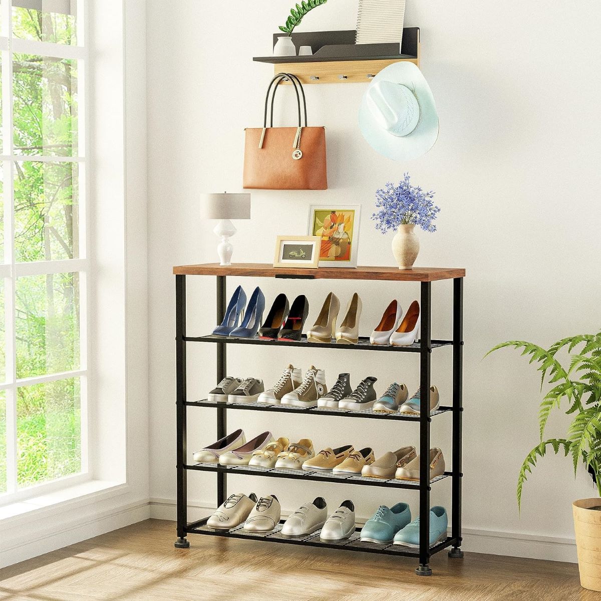 5-Tier Extra Large Rolling Shoe Rack with Rustic Wood Top and Heavy Duty Casters