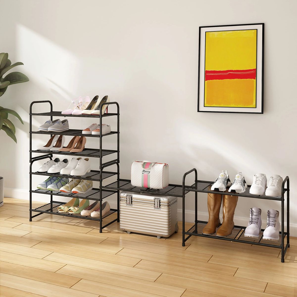 3-Tier Stackable Shoe Rack, Expandable Wire Grid Organizer, Adjustable Black Shelves
