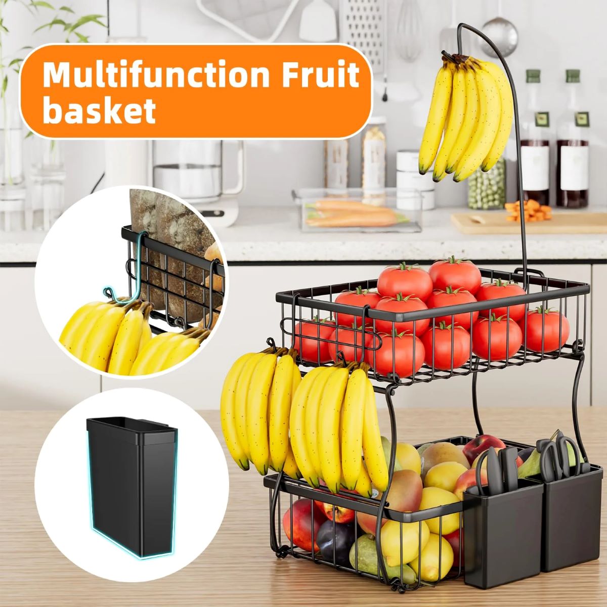 2 Tier Metal Fruit Bowl with 3 Hooks, Kitchen Organizer for Produce & Snacks