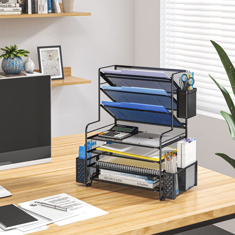 7-Tier Desk File Organizer with Pen Holder & Hanging Basket for Home Office